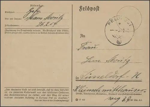 Feldpost-Karte PF 26214 am 4.2.1942 