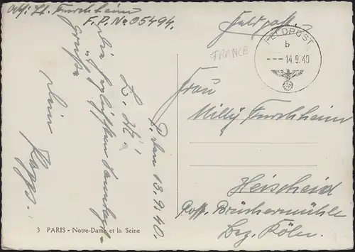 Feldpost auf Ansichtskarte Paris Notre-Dame FP-Nummer 05494 FELDPOST b - 14.9.40