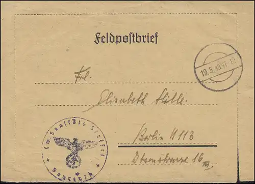Poste de terrain Force aérienne-sanité-Saffel sur lettre avec cachet de camouflage 19.5.1943