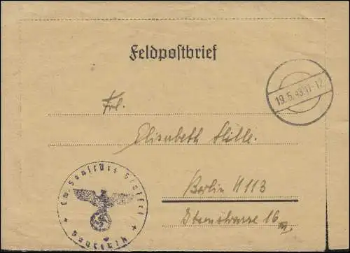 Poste de terrain Force aérienne-sanité-Saffel sur lettre avec cachet de camouflage 19.5.1943