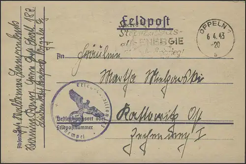 Feldpost-Brief Ersatz-Bataillon 183, Oppeln 6.4.1943 nach Kattowitz  