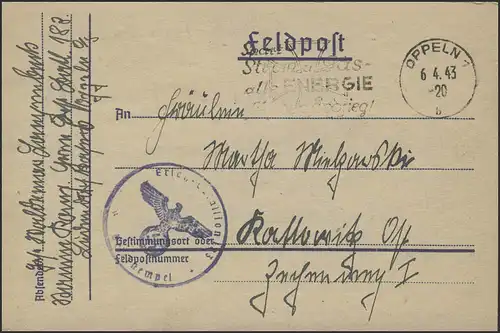 Feldpost-Brief Ersatz-Bataillon 183, Oppeln 6.4.1943 nach Kattowitz