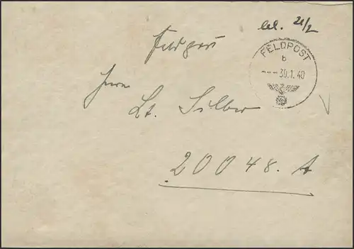 Feldpost-Brief Postfach 20017 Feldpost b 30.1.1940 zum Postfach 20048A