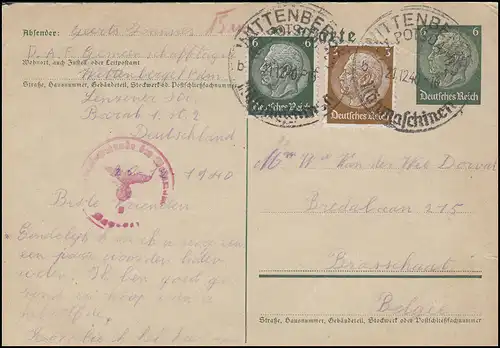 Post de censure SSt Mittenberg/Potsdam Machines à coudre 21.12.40 vers la Belgique