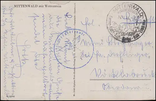 Feldpost Gebirgsjägerschule AK Mittenwald mit Wetterstein SSt MITTENWALD 24.1.44