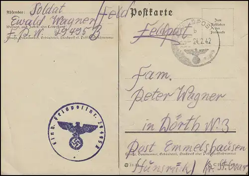 Feldpost Front - Heimat: Postkarte FP 29495 B nach Dörth, FELDPOST b - 24.2.42