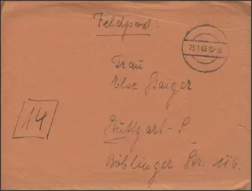 Lettre de champ 2 Guerre mondiale PF 47642 / cachet 25.1.45 / sans cachet