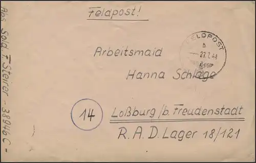 Lettre postale de champ 2e Guerre mondiale: PF 38946 C / FELDPOST b 27.7.44 vers Loßburg