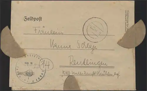 Feldpost 2. Weltkrieg PF L49961 mit Tarnstempel 5.12.44 mit B.S. nach Reutlingen