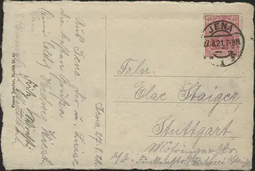 Ansichtskarte Jena Fuchsturm mit EF Germania 40 Pf. JENA 27.8.21 nach Stuttgart