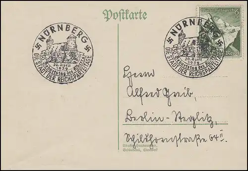 678 WHW Alpenblumen 6 Pf. EF Postkarte SSt Nürnberg Geburtstag 20.4.1939