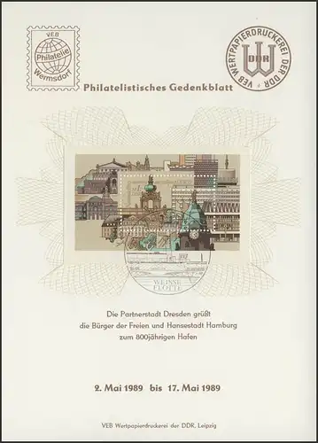 Gedenkblatt Partnerschaft Dresden-Hamburg mit Bl.55, Dresden/Weiße Flotte 1989