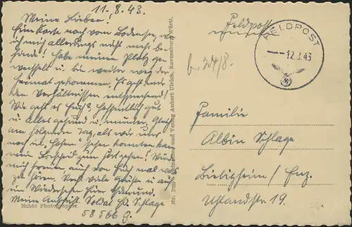 Feldpost 2. WK PF 58566 / FELDPOST [ohne Buchstaben] 12.3.43 auf AK Kirchberg