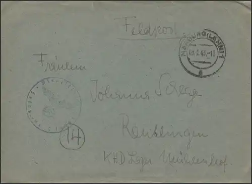 Feldpost 2. Weltkrieg PF L49961 von Marbung/Lahn 5.2.45 mit B.S. nach Reutlingen