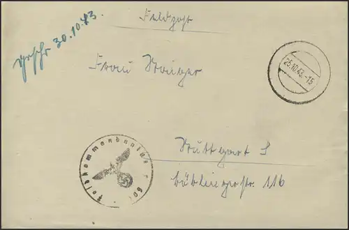 Feldpost 2. Weltkrieg Tarnstempel 25.10.43 mit Briefstempel nach Stuttgart