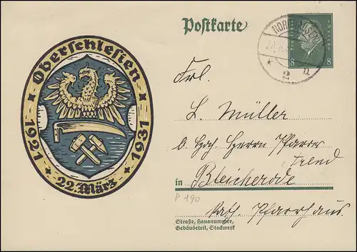 P 190 Volksabstimmung in Oberschlesien NORDHAUSEN 2 - 29.8.1931 nach Bleicherode