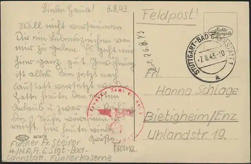 Poste de terrain 2 Guerre mondiale B.S. rouge 4. Kp. Nouvelles-Ers.-Depart., Stuttgart 7.8.43
