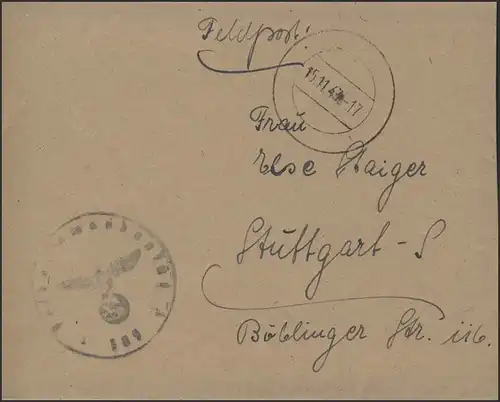 Feldpost 2. Weltkrieg Tarnstempel 15.11.43 mit Briefstempel nach Stuttgart
