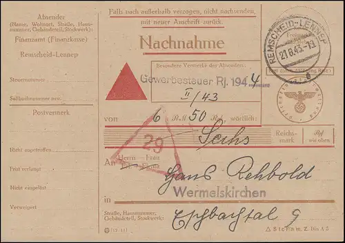 Nachnahmekarte Finanzamt REMSCHEID-LENNEP 21.6.1943 Gewerbesteuer