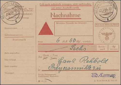 Nachnahmekarte Finanzamt REMSCHEID-LENNEP 23.9.1943 Gewerbesteuer