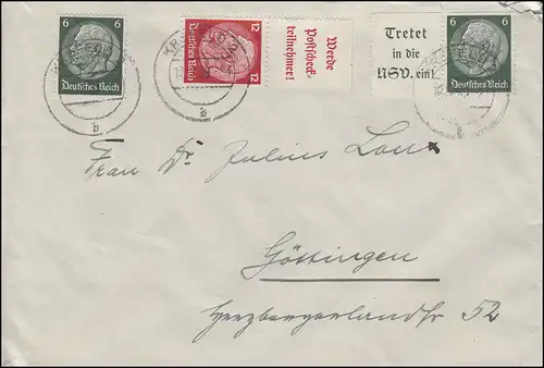 Hindenburg-Zusammendrucke W 84 und W 85 MiF Brief KREFELD 19.12.1939 
