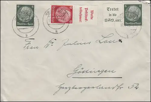 Hindenburg-Zusammendrucke W 84 und W 85 MiF Brief KREFELD 19.12.1939