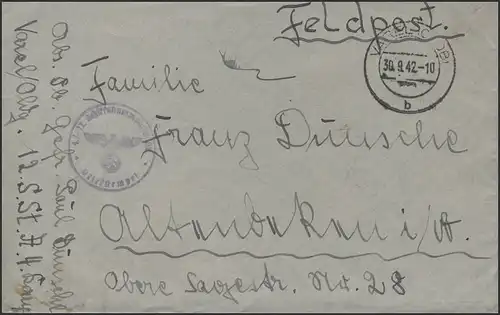 Feldpost Varel/Oldenburg 30.9.42 kleiner violetter Briefstempel 