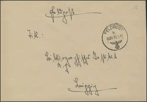 Lettre de poste de terrain Numéro de courrier de champ 06789 Poste de champs b 000 / 30.1.41 vers Leipzig