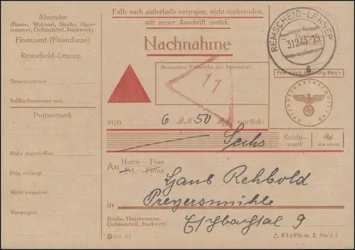 Carte de réduction de l'impôt REMSCHEID-LENNEP 3.12.1943 Taxe professionnelle