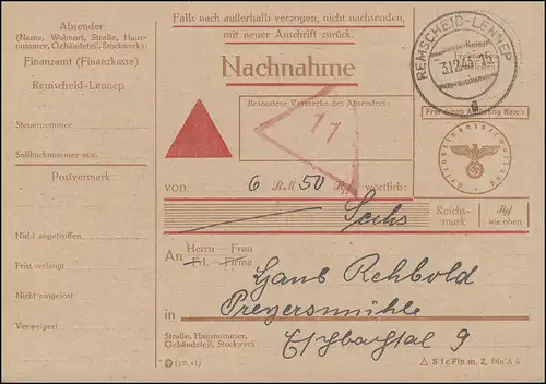 Nachnahmekarte Finanzamt REMSCHEID-LENNEP 3.12.1943 Gewerbesteuer