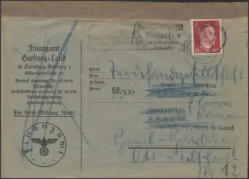 Freimarke 12 Pf EF Finanzamt Hamburg-Harburg-Land Fern-Brief 13.7.1943 
