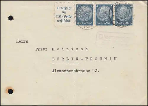 Landpost Diemarden über GÖTTINGEN 24.8.38 auf Brief mit Hindenburg-Zusammendruck