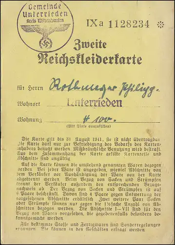 Gemeinde Unterrieden / Witzenhausen 2. Reichskleiderkarte gültig bis 31.8.1941 