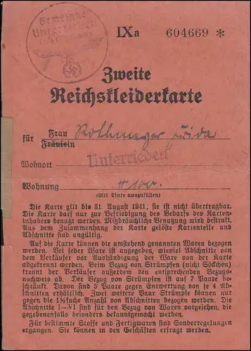 Municipalité Sousrieden / Witzenhausen 2. Carte de vêtements de Reich valable jusqu'au 31.8.41