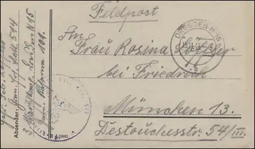 Feldpost aus DRESDEN N 15 - 15.11.43 Briefstempel Marsch-Kp./0881 (?) n. München