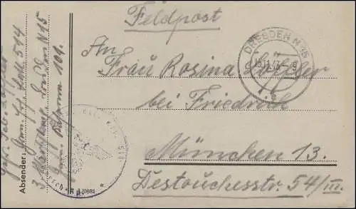 Feldpost aus DRESDEN N 15 - 15.11.43 Briefstempel Marsch-Kp./0881 (?) n. München