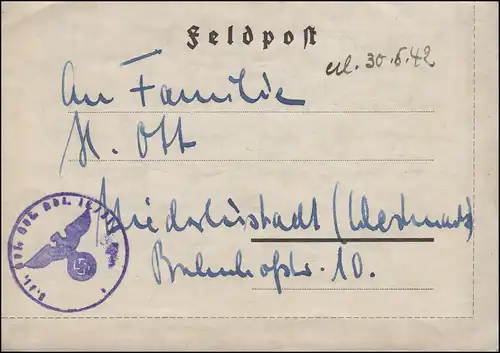 Feldpost-Kartenbrief Artillerie-Kaserne Süd in Strassburg-Neudorf 1942