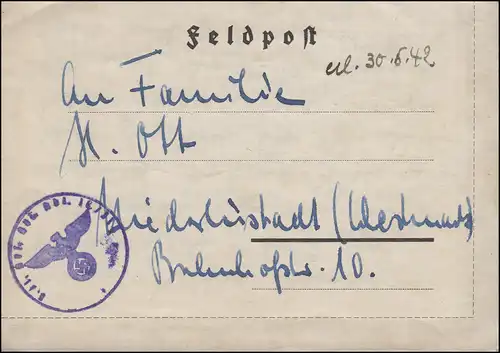 Lettre de carte de Feldpost Artillerie-Caserne Sud à Strasbourg-Neudorf 1942