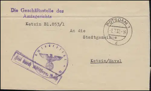 Frei durch Ablösung Reich Amtsgericht Brief POTSDAM 2.7.37 nach Ketzin/Havel