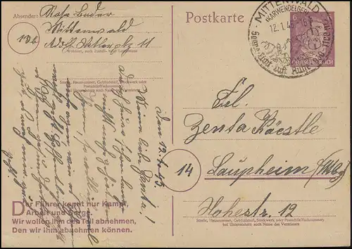 Postkarte P 314II a Hitler 6 Pf. SSt MITTENWALD 12.1.45 nach Laupheim