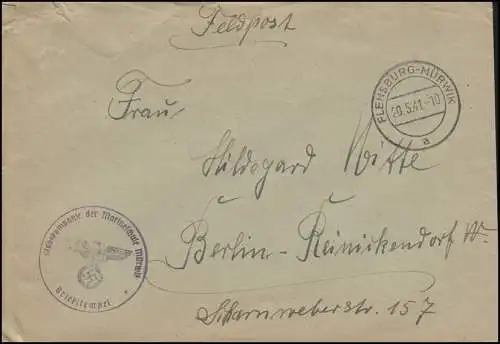 Feldpost Stabskompanie der Marineschule Mürwik Brief FLENSBURG-MÜRWIK 20.5.41