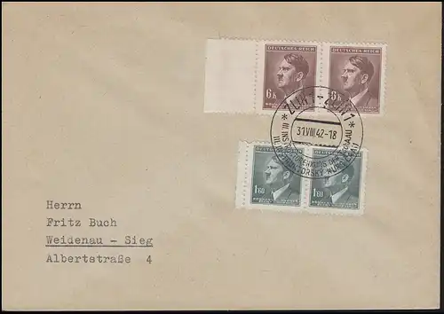 98-105 timbres francs 1,60 K + 6 K Rand-Paare Lettre SSt ZLIN 31.8.42 vers Weidenau