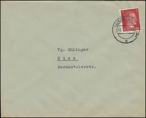 Freimarke Hitler 8 Pf. Bf Arbeitsfront Gauverwaltung Mosellland LUXEMBURG 8.4.42