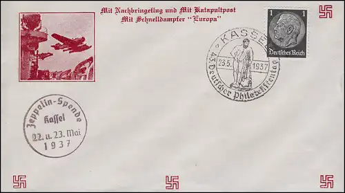 Schmuck-Brief Katapultpost / Schnelldampfer SSt Kassel Philatelistentag 23.5.37