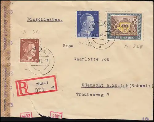 Zensur Deutsches Reich R-Brief in MIF 828+792+793 ZITTAU 7.7.43 in die Schweiz