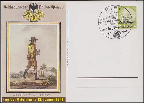 Lothringen P 3 Tag der Briefmarke Wiener Klapperpost, SSt KIEL U-Boot 12.1.41