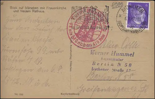 AK München mit Frauenkirche und Neues Rathaus, MÜNCHEN 6.8.42 nach Berlin 