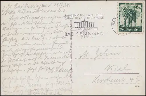 AK Bad Kissingen Arkadenbau Kurgarten passender Werbe-O Magen Darm Leber 2.5.38