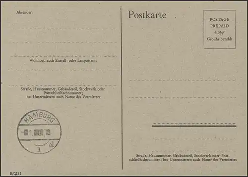 Carte postale d'aide P 695g: Hambourg 1 a1, non utilisée