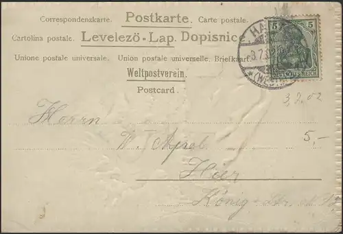 Germania 5 Pf EF Prägeansichtskarte Häuser mit Garten, Hamm 3.7.1902 